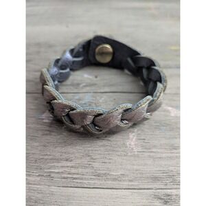 Braided Leather Bracelet Metallic Pewter Snap Button Cuff Boho Handcrafted
